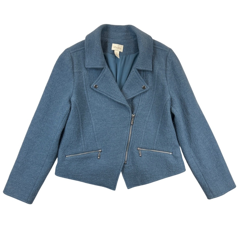 Chicos Jacket Montauk Boiled Wool Moto Womens Size 2 Blue Zip Motorcycle